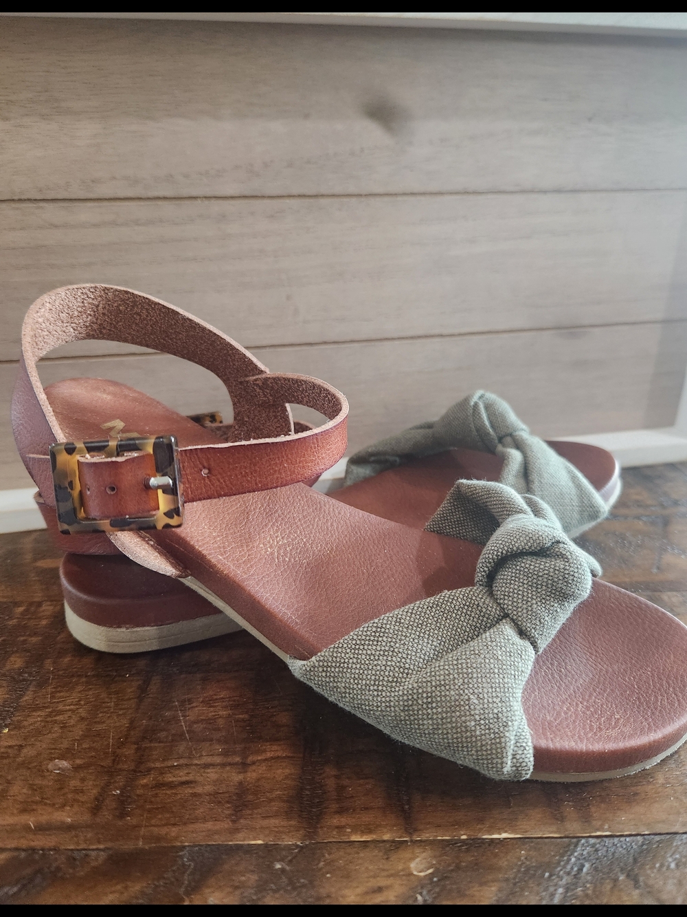 MIA Brown Leather Ankle Strap Sandals with Sage Knot Front